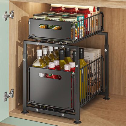 🗄️ 50% de desconto agora! 📦 Organizador de armário com gavetas duplas deslizantes – 5 alturas ajustáveis e 2 prateleiras – Aço carbono e alta capacidade – Não requer instalação – Perfeito para cozinha, banheiro e escritório 🏠