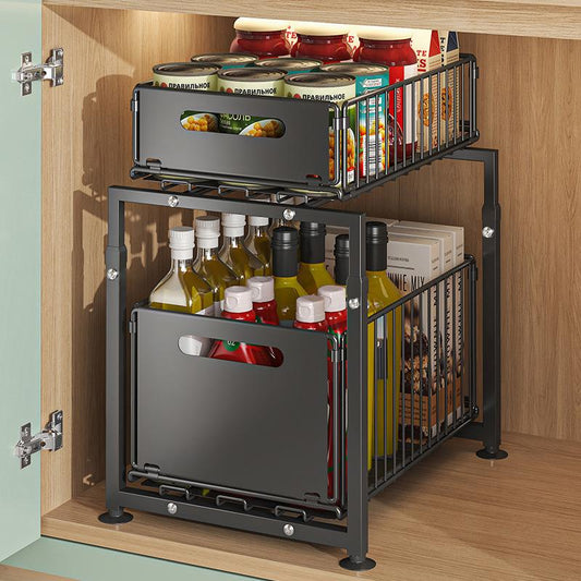 🗄️ 50% de desconto agora! 📦 Organizador de armário com gavetas duplas deslizantes – 5 alturas ajustáveis e 2 prateleiras – Aço carbono e alta capacidade – Não requer instalação – Perfeito para cozinha, banheiro e escritório 🏠