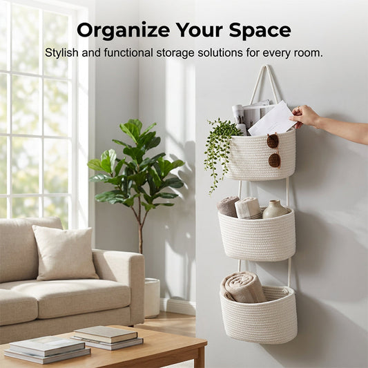 🧺 50% DE DESCONTO POR TEMPO LIMITADO! ✨ Organizador de Parede – 3 Níveis, Estilo Boho, Economiza Espaço 🏡