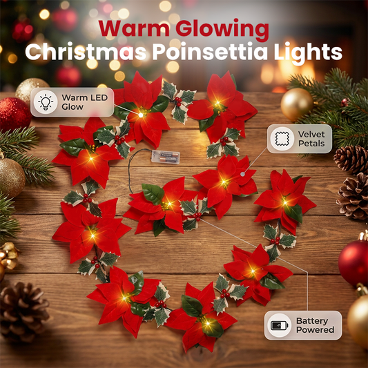 Varal de Luzes com Flores de Poinsétia para o Natal