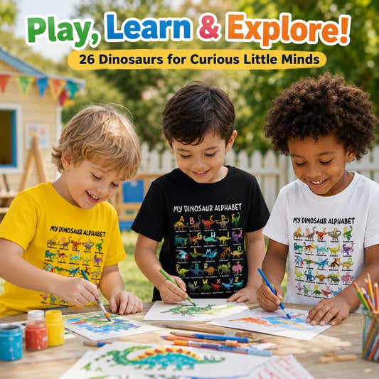 Camiseta infantil com estampa de dinossauro e alfabeto