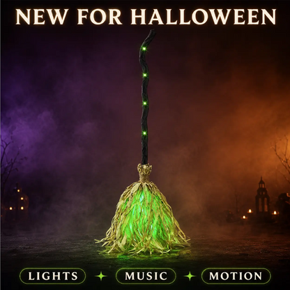 🧙 Vassoura de bruxa animada para decoração de Halloween com luzes e sons